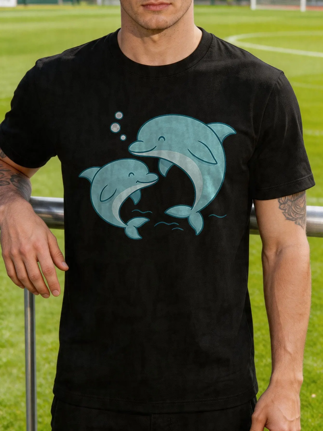 Cute Two Smiling Dolphins Graphic Mens T Shirt Ocean Sea Animal Print Short Sleeve Crew Neck Cotton Tee Casual Daily Wear Top