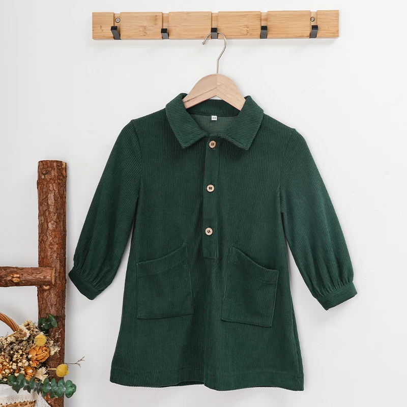 Lässiges Cordkleid für Mädchen 2026 Retro Herbst Neu Kinderkleid mit Revers Knöpfen Langarm mit Taschen Winterkleidung – Detail 22