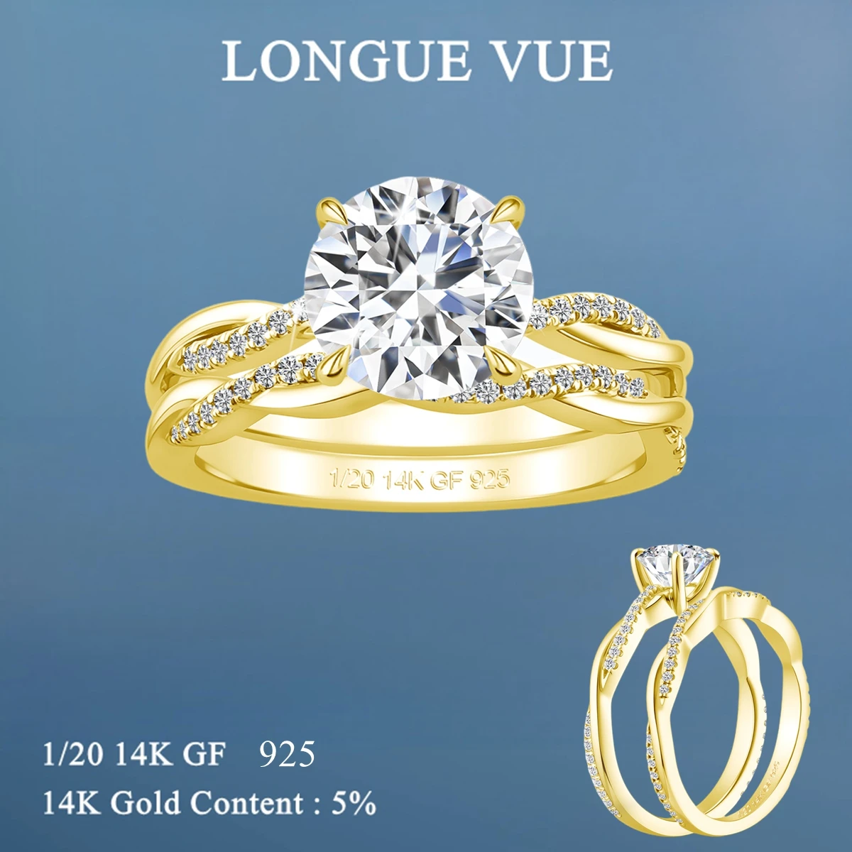 2Pcs 14K Gold Filled Wedding Rings Set for Bride Women Halo Round Cut Moissanite Engagement Ring Classic Luxury Jewelry
