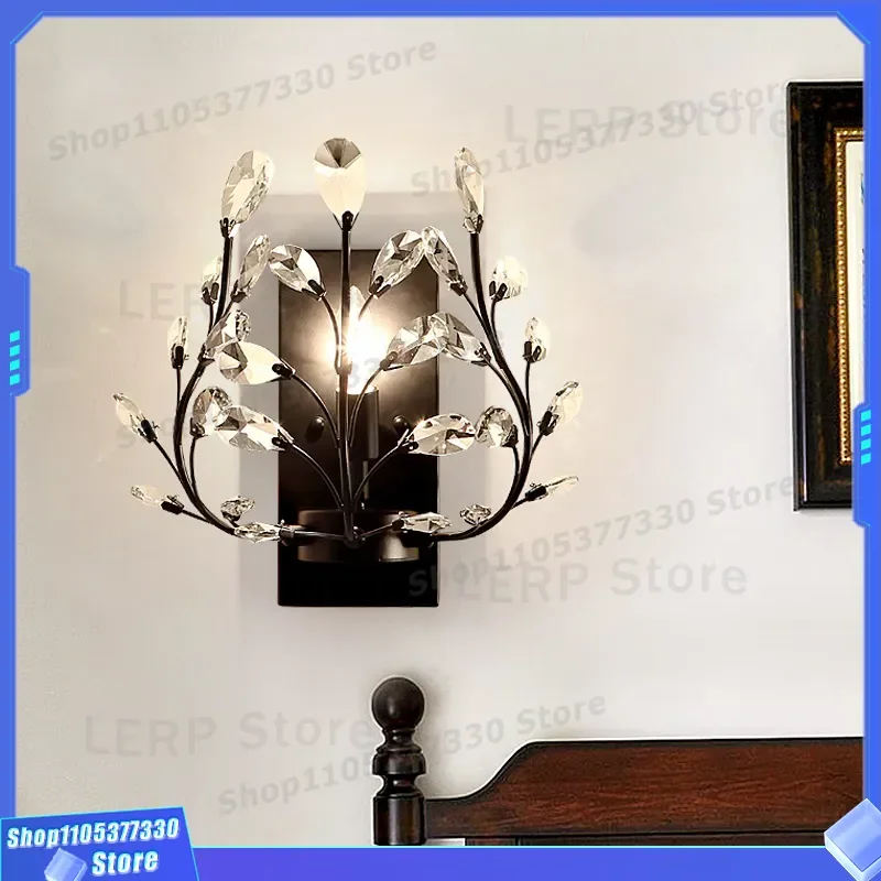 Retro Wrought Iron Wall Lamp American Country Style Single Head Crystal Candle Light for Living Room Bedroom Bedside Decor