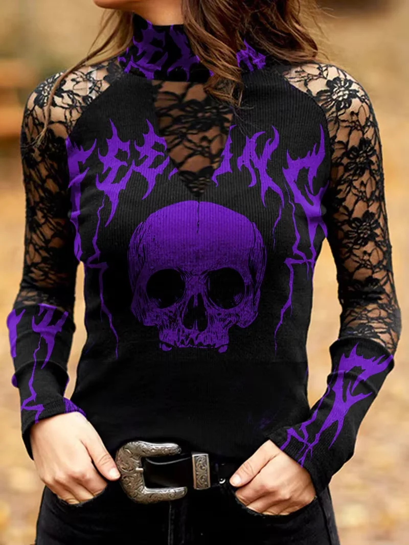 Cool Summer Women Fashion Turtle Neck Skull & Flower Print T-Shirt Gothic Hollow Long Sleeve Versatile Personality Y2k Lady Tops — zdjęcie 4