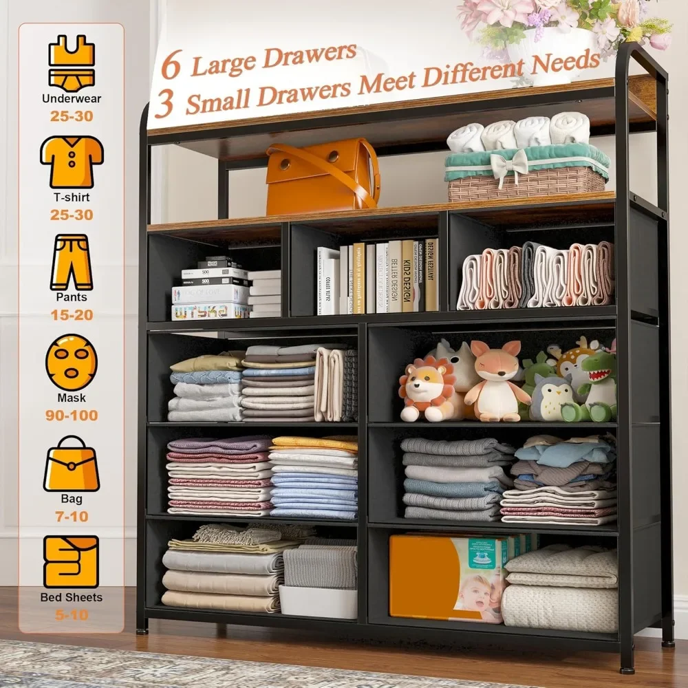 Dressers for Bedroom with 9 Drawers, Dressers & Chests of Drawers for Bedroom with 2 Open Shelves and Metal Frame