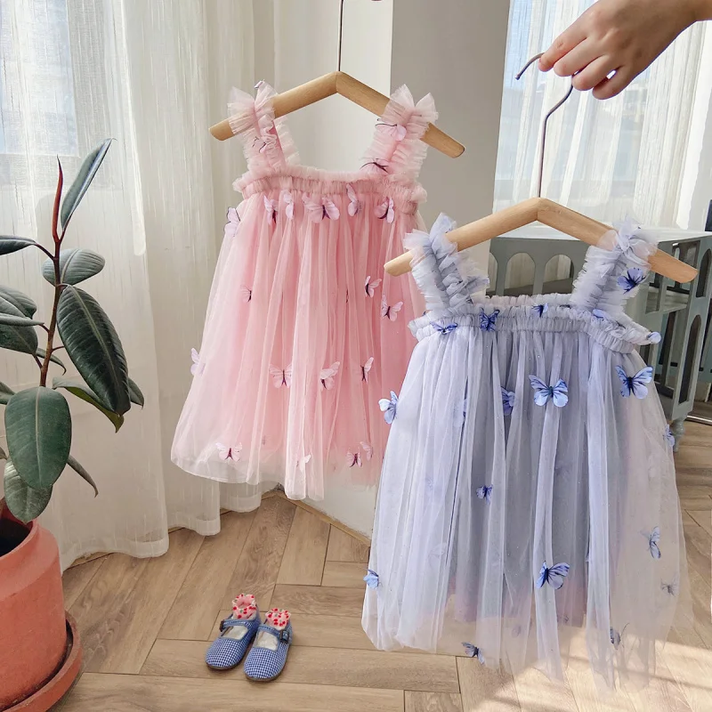 

Korean Children's Clothing Butterfly Embroidery Mesh Girls' Dress Summer Style Children's Strap Dress Princess Dress Puffy Dress