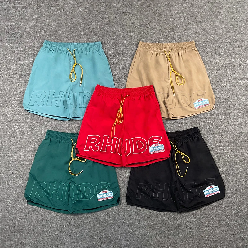 2026 New RHUDE Unisex Drawstring Elastic Waist Shorts Large Letter Graphic Patch Label Loose Street Short Pants