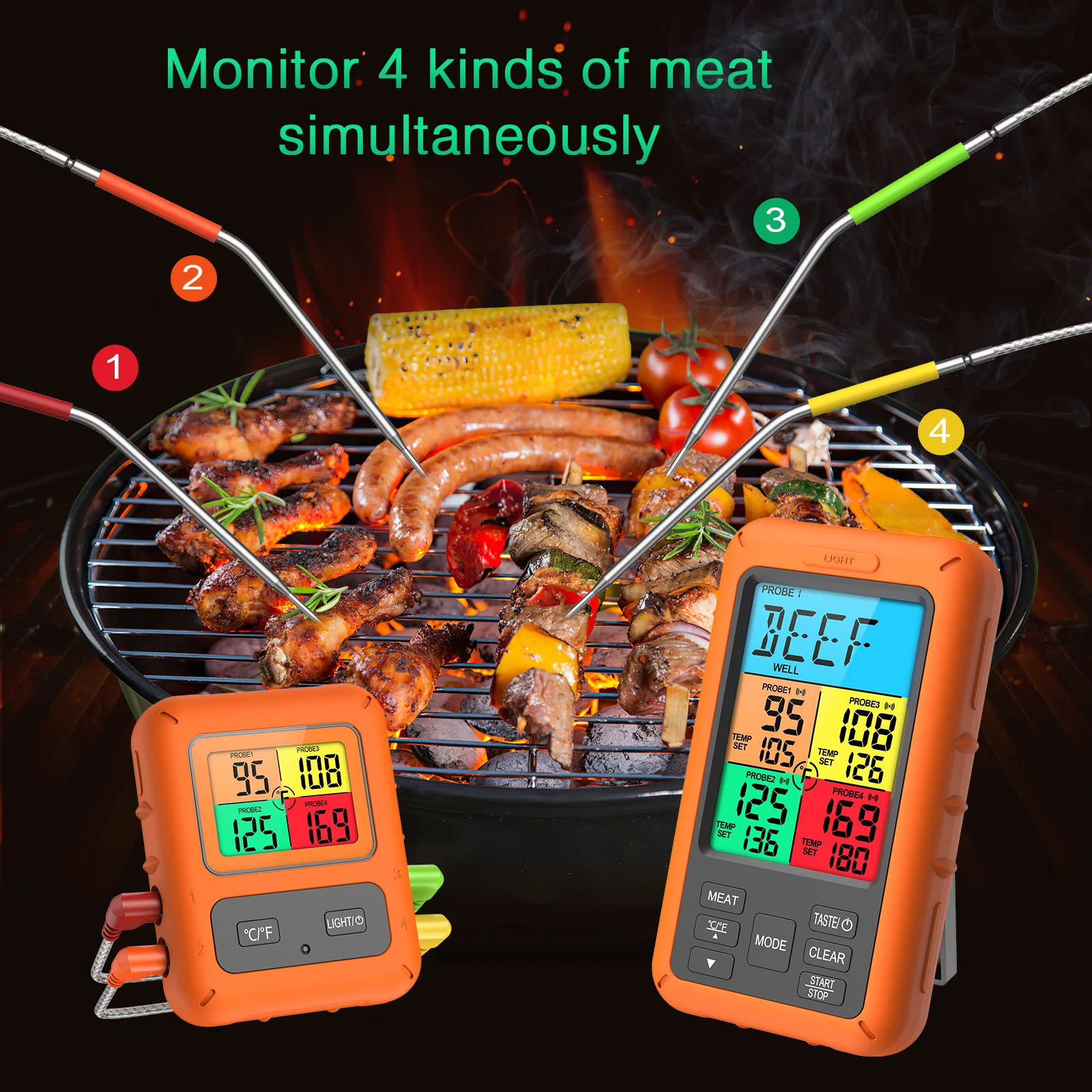 ORIA Wireless Food Thermomrter 4 Probes BBQ Thermometer Digital Kitchen Cooking Thermometer with Timer