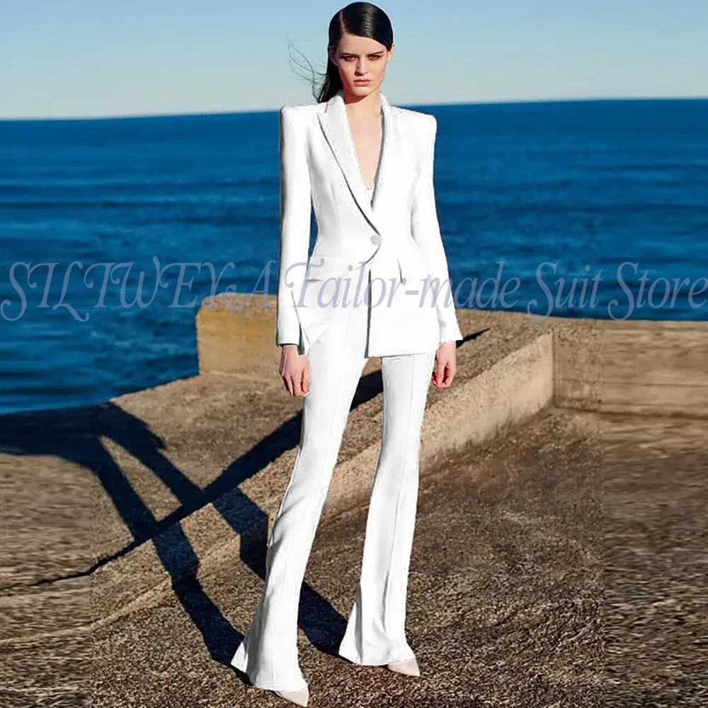 

Luxury Women's White Single Breasted Blazer & Pants Suit Formal Business Work Wear Two Piece Outfit Trajes De Mujer Elegante
