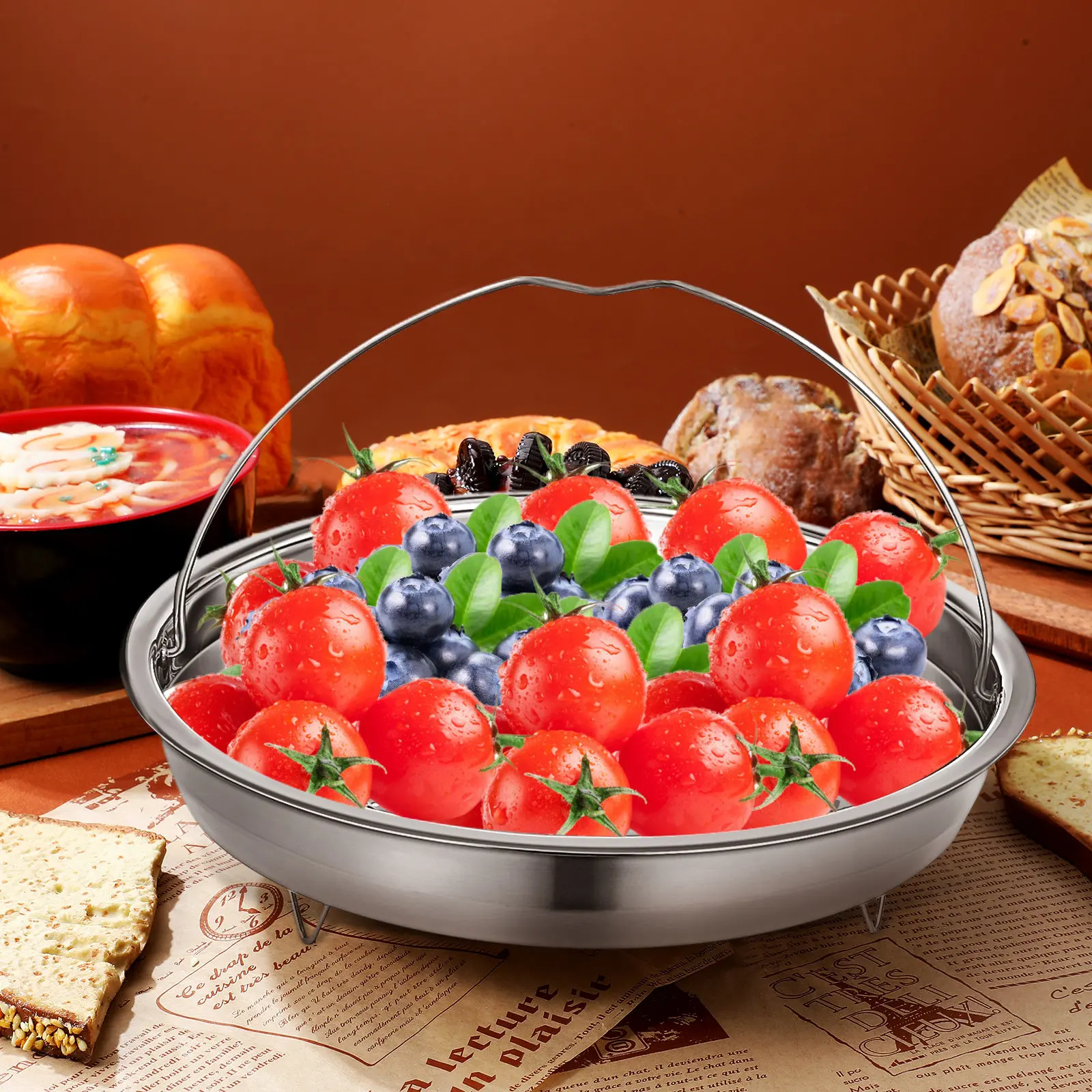 

Stainless Steel Handle Steamer Basket Detachable Food Strainer Basket Kitchen Steaming Rack for Pot Vegetable Dumpling Seafood