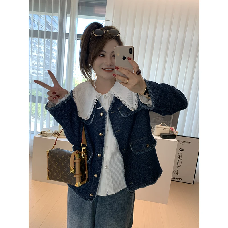 

Модная джинсовая куртка с вышивкой для женщин, повседневная, с V-образным вырезом, длинными рукавами, ультракороткая, свободного кроя, из смесового полиэстера и хлопка