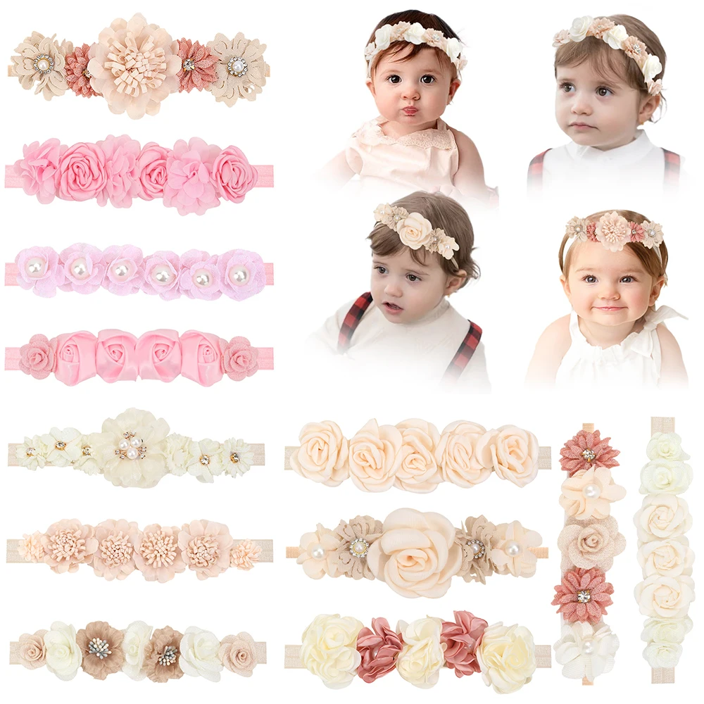 ncmama Simulation Flower Pearl Headband For Newborn Baby Elastic Nylon Hair Band Toddler Hairbands Headwear Hair Accessories