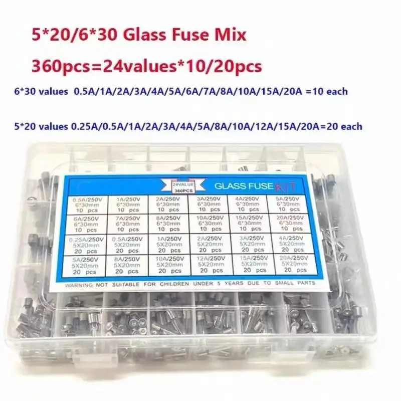 

360pcs 5×20mm & 6×30mm Glass Tube Fuse Assortment, 0.25A~20A Fast Blow Automotive & Electronic Fuse Kit
