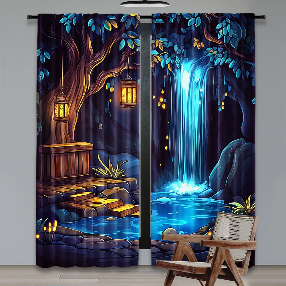 2Pcs Fantasy Curtain Enchanted Forest With Cave Waterfall And Magic Tree For Bedroom Living Room And Dining Room 29.53X65.35In,