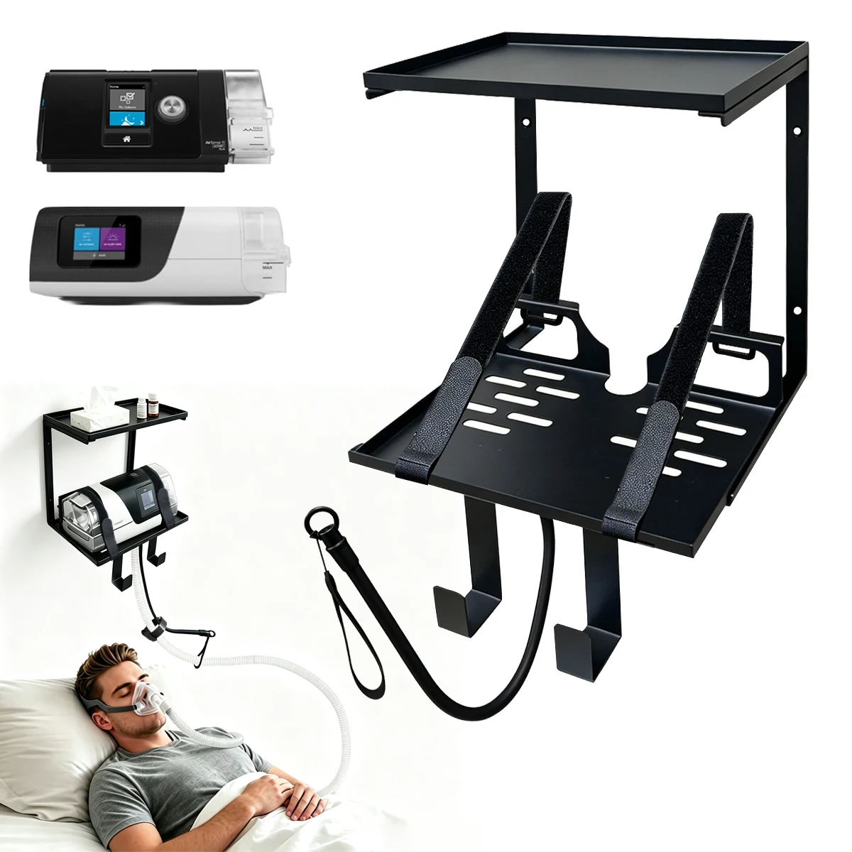 CPAP Wall Mount Shelf with Storage for AirSense 10/11, 2-Tier CPAP Stand with Adjustable Hose Hanger & Mask Hook