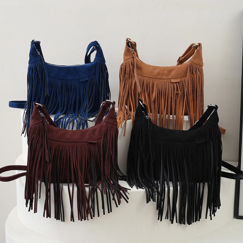 Women PU  Fringed Leather Shoulder Bag Soft Ethnic Style Messenger Crossbody Bag Zipper Large Retro Fringed Handbag Totes Bag