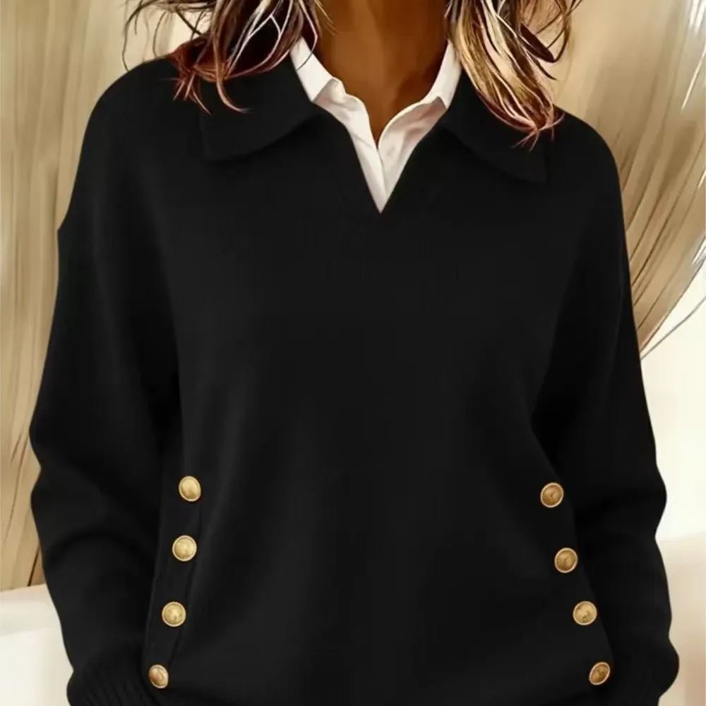 Casual Sweater Autumn Winter Solid Color Simple Loose Daily Comfortable Lazy Style Knitted Long-sleeved Lapel Pullover Tops