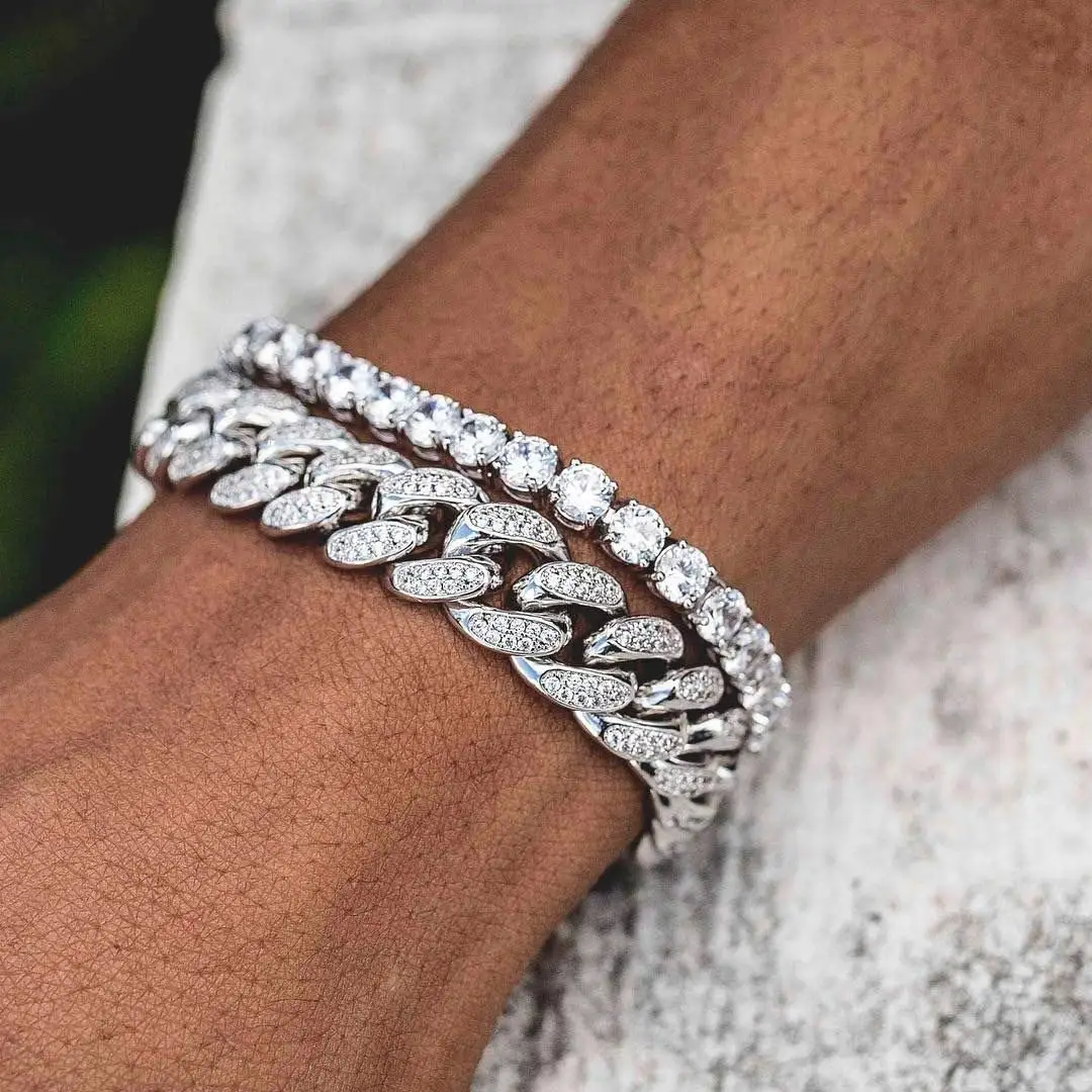 Hip Hop 12mm Silver Gold Plated Iced Out Miami Cuban Link Bracelet Bling CZ Jewelry for Men Women