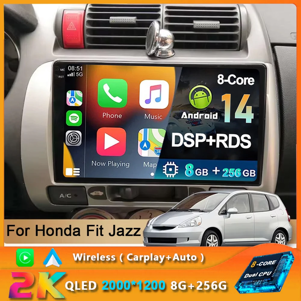 2 Din Android 14 Car Stereo Radio Multimedia Video Player For Honda Fit Jazz City 2002 2003 2004 2005 2006 2007 GPS Navigation