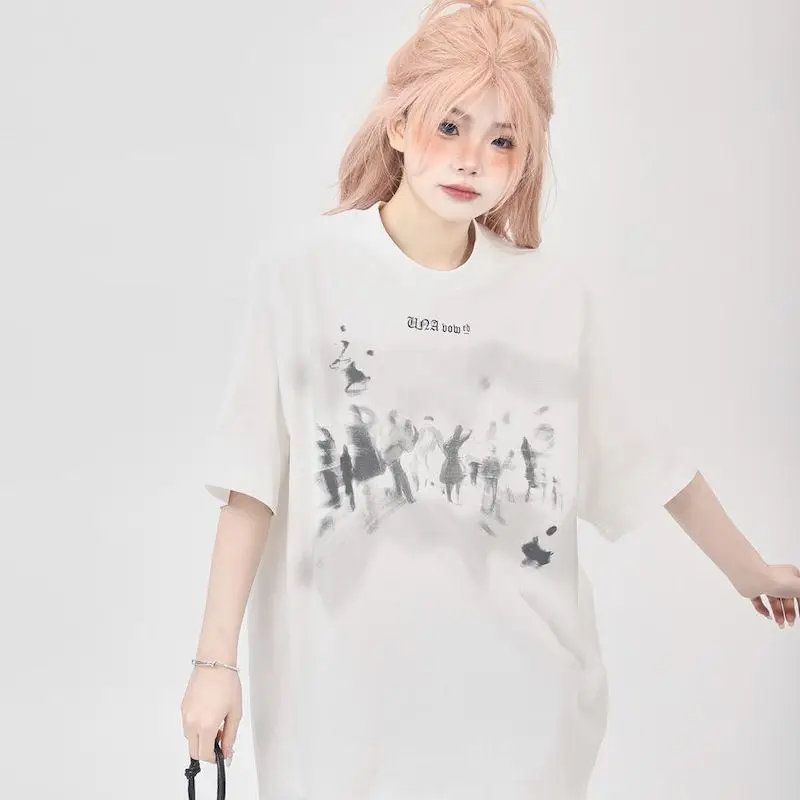 Cotton T-shirt for Women Summer Trend Short Sleeve Thin Tops American Retro High Street Tshirt Casual Loose Couple Tees Ins