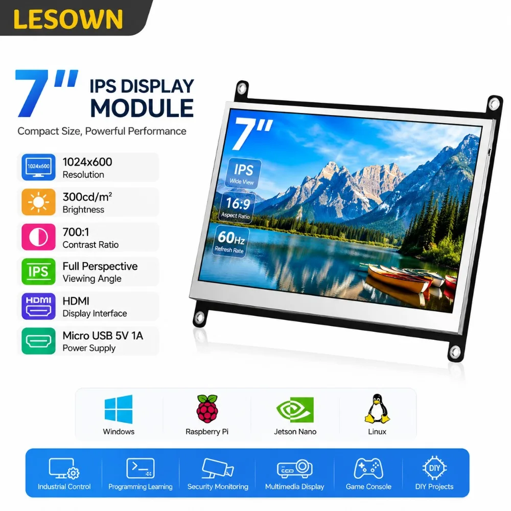 LESOWN Integrated Display Module 7 inch IPS Panel with Board HDTV No Driver for AIDA64 PC Case Sub Screen