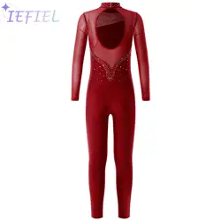 Kids Rhinestone Decorated Hollow Back Skating Jumpsuit Girls Gymnastics Bodysuit Dance Performance Suit Dance Show Costume