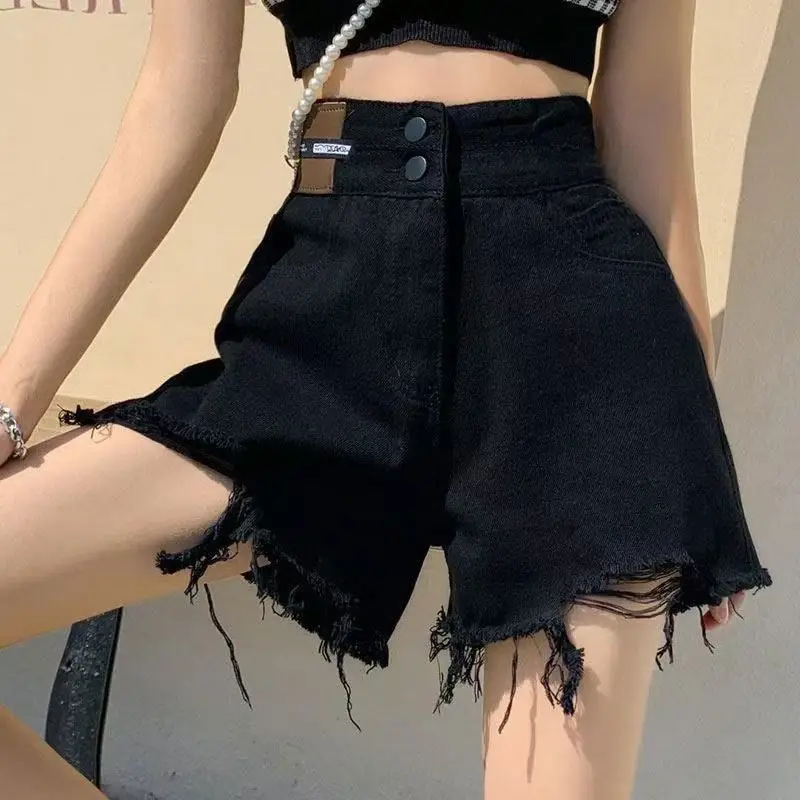 

Black ripped denim shorts female summer spice new wear high waist thin loose raw edge A-line hot pants female