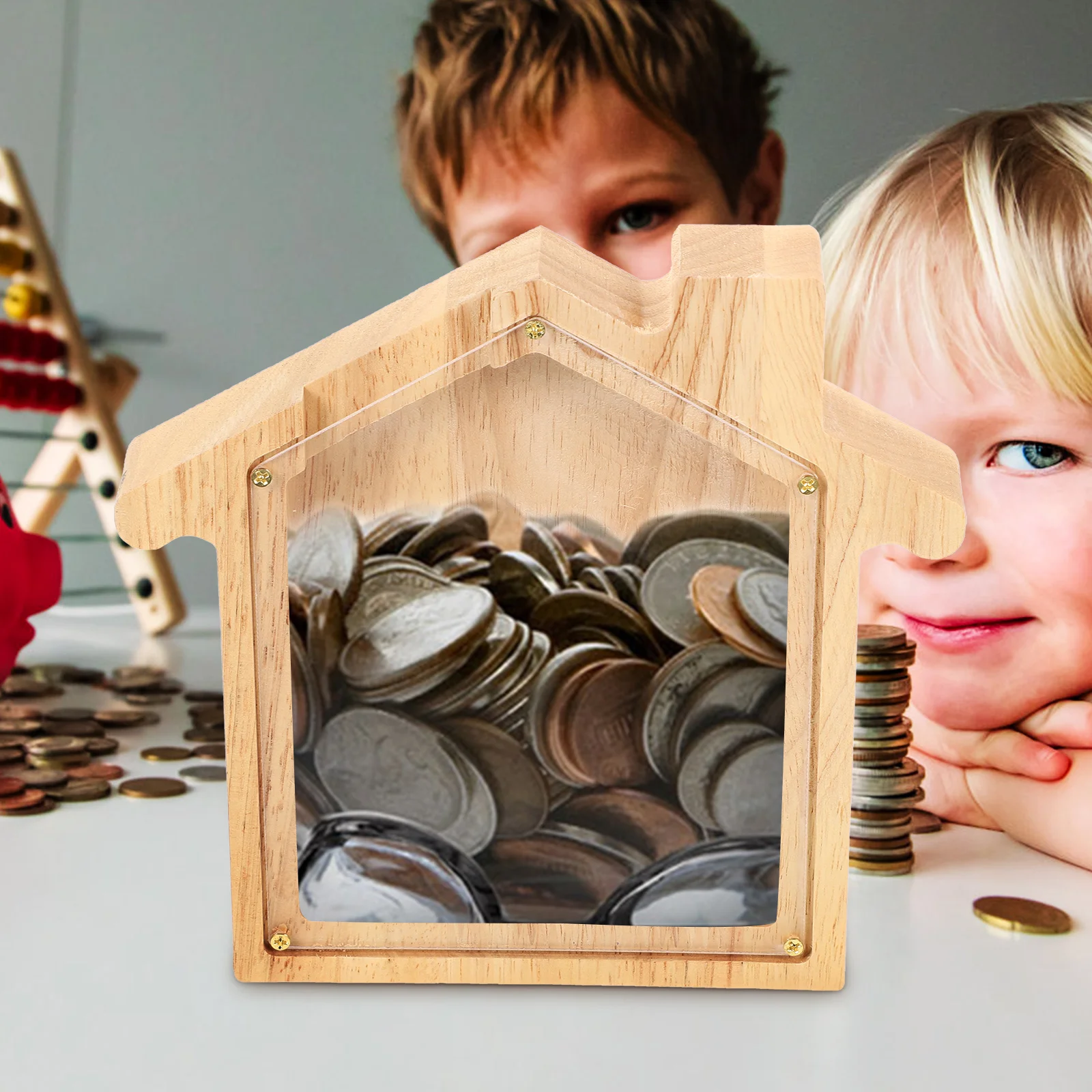 

House Shape Money Box Wooden Piggy Bank For Kids Large Capacity Coin Storage Desktop Decor Adornment Transparent Design