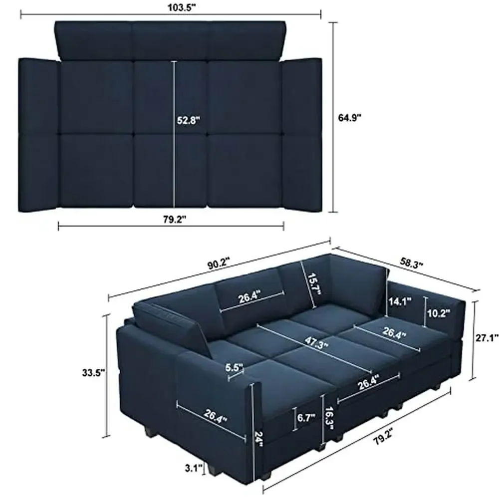 Modular Velvet Sectional Sleeper Sofa with Storage Chaise Lounge Bed Blue Lightweight Sectional Couch Modern Design Custom