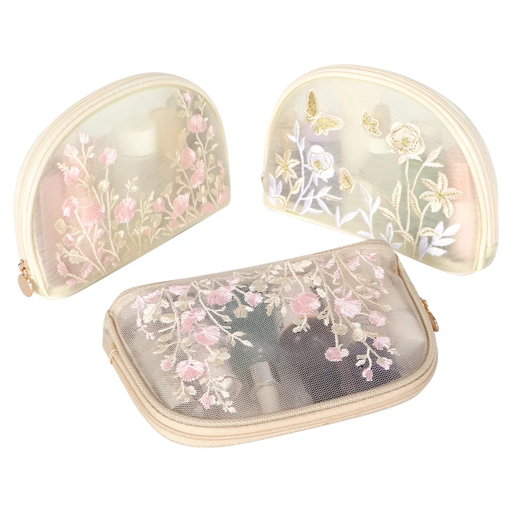 Floral Embroidery Mesh Makeup Bag Semi-Circle Portable Toiletry Storage Organizer Large Capacity Cosmetic Bag for Women