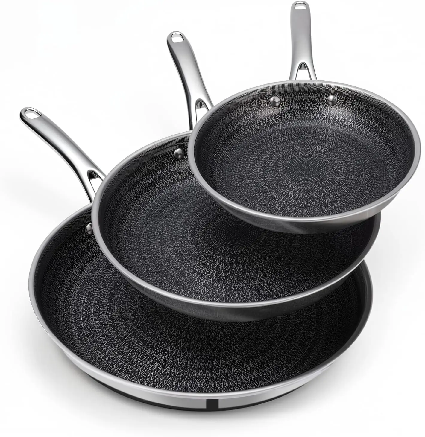 

Tri-Ply Stainless Steel Frying Pan Set, 8/9.5/11 inch Nonstick Skillets, Induction Compatible, Dishwasher Safe, Black Interior