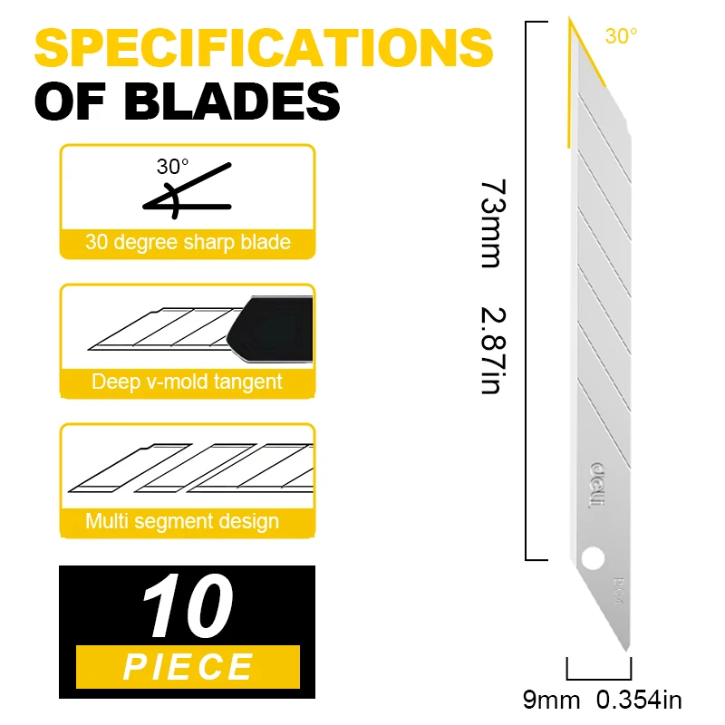 DELI 9mm Utility Knife Blades 0.4mm Thick 30° Snap Off Alloy Steel Replacement Blades for Precision Cutting & Craft