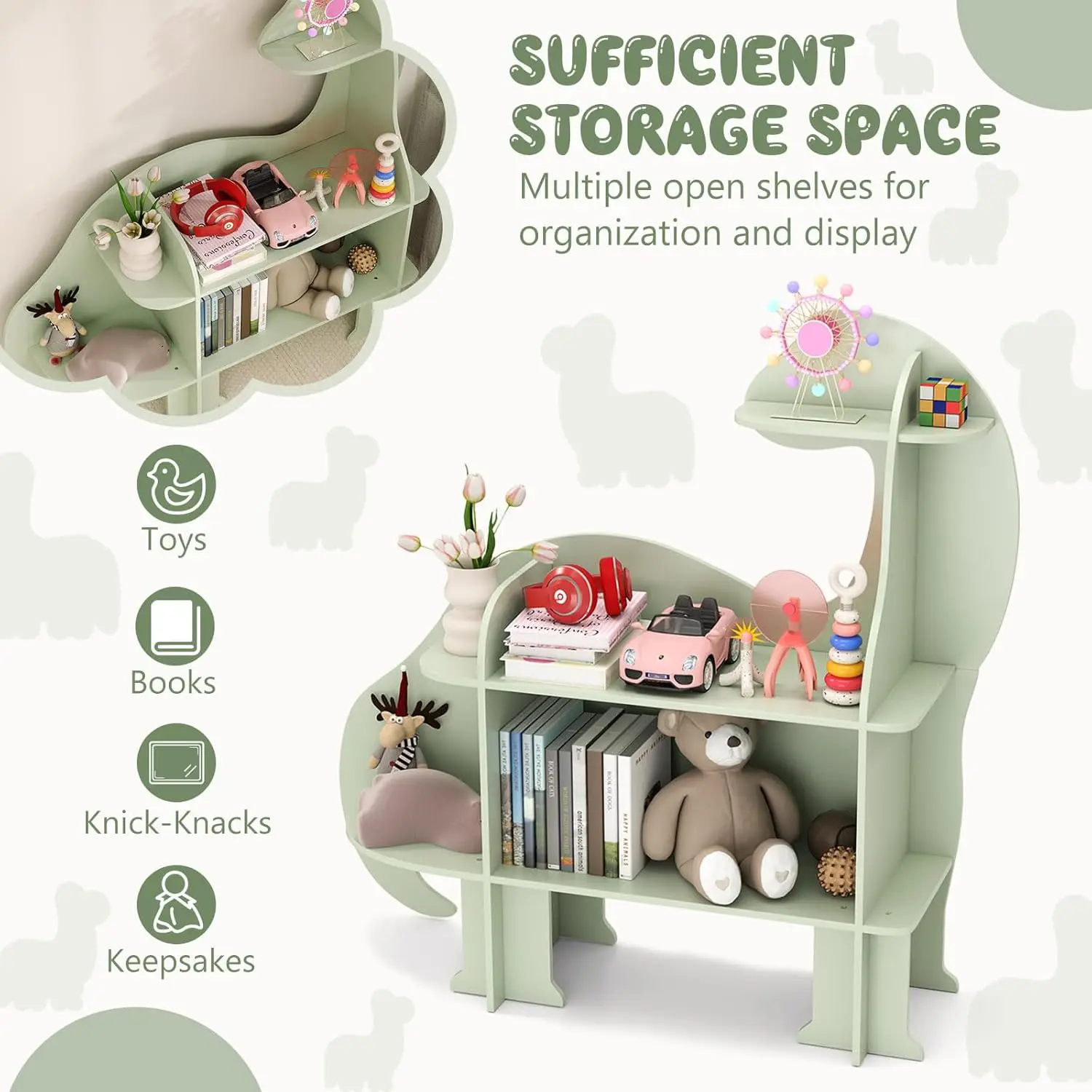 رف كتب خشبي من 3 طبقات، خزانة كتب مونتيسوري للأطفال، مساحة تخزين الألعاب، أخضر