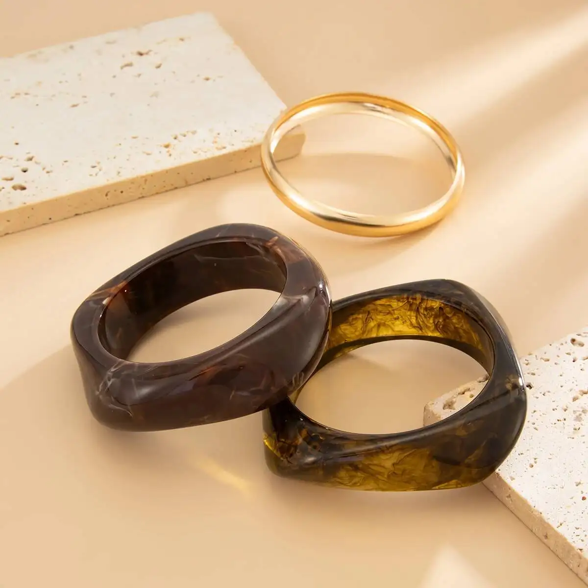 IngeSight.Z 3 أنماط خمر الشرير البني سميكة الراتنج الاكريليك تلطخ أساور النساء هندسية غير النظامية سوار أساور مجوهرات #4