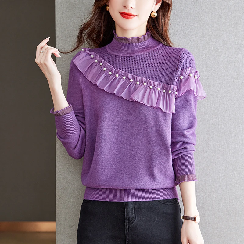 

2023 New Autumn Winter Women Loose Base Pullover Sweater High Quality Sweet Beading Ruffles Patchwork Knitted Sweater