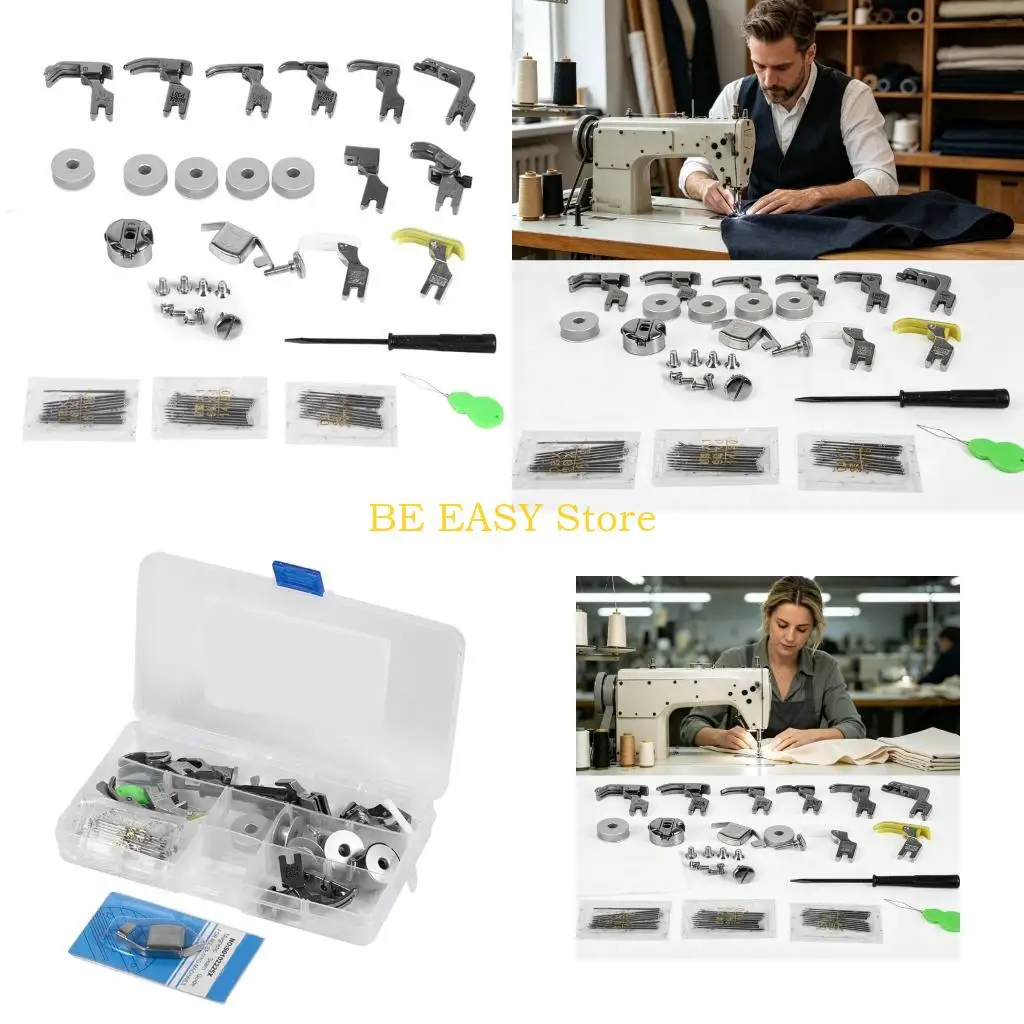 E28F 17-Type Sewing Machine Presser Foot and Accessory Set with Assorted Feet, Guide, Needle Plate, Feed Dog, and Related