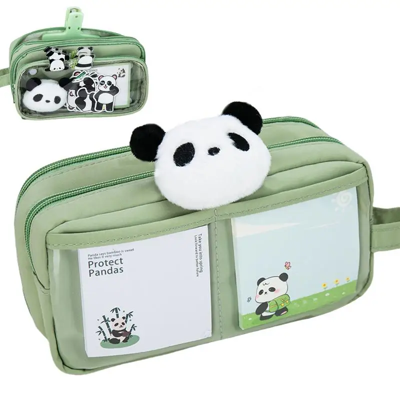 Cartoon Pencil Pouch Pencil Storage Case Large Capacity Panda Bag School Stationery Containers Pen Bag With Stickers Doll And