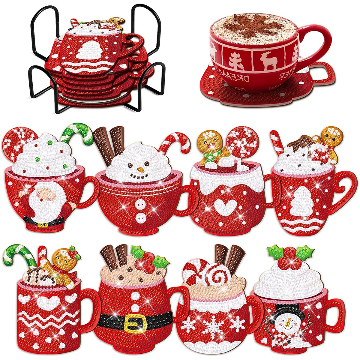 8-piece diamond painting set with bracket, creative Christmas themed coaster set, dazzling diamond art wooden mosaic handmade se