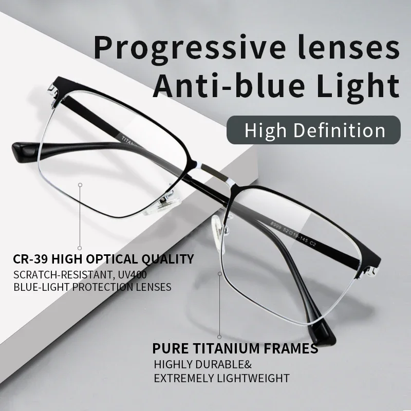 Progressive Multifocal Presbyopic Reading Glasses Titanium Blue Light Blocking Full Frame No Line UV Protection Computer Reader