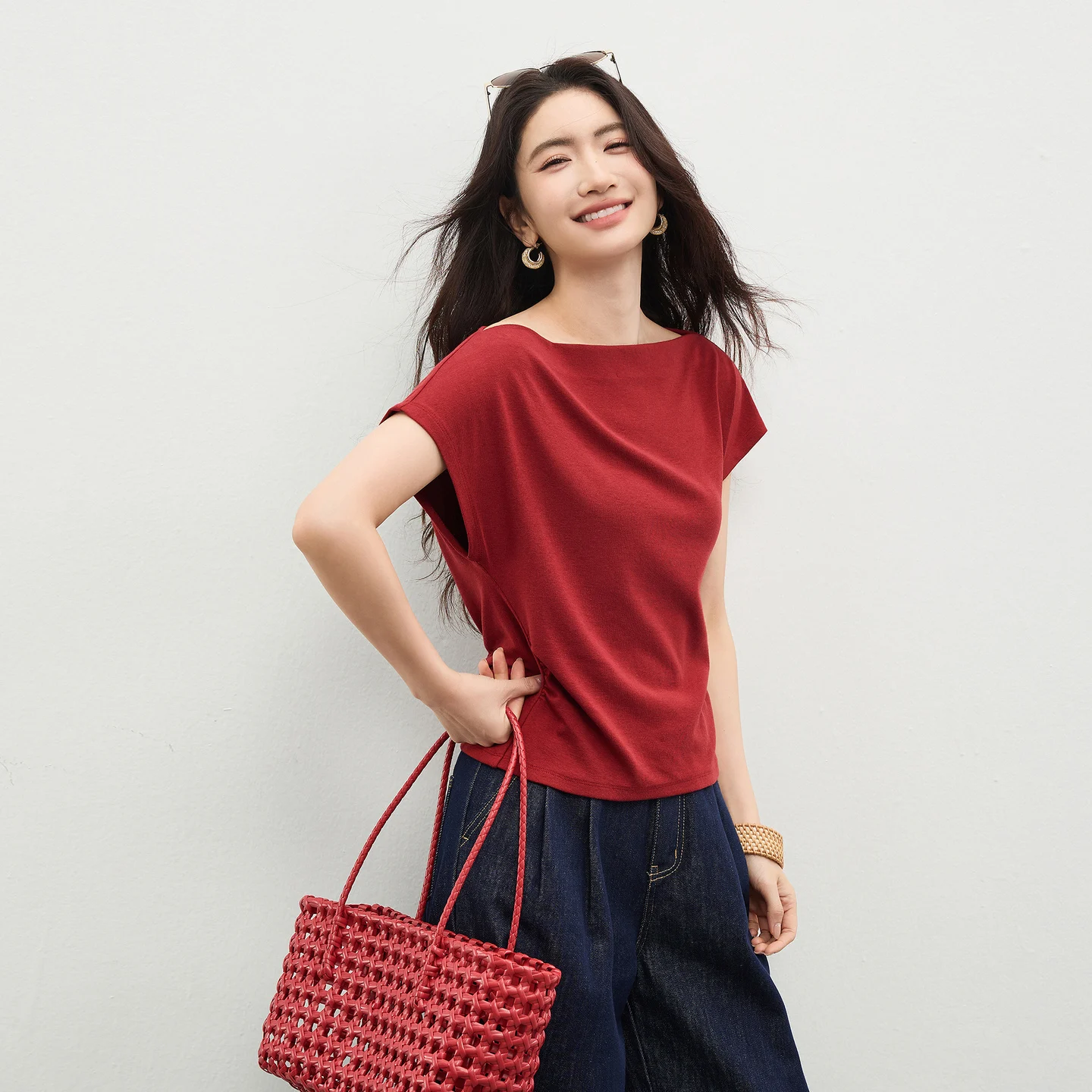 

SENTUBILA Women's Two-Way Neck Top 2026 Summer New Hollow Out Back Waist Ruched Tie Slim Casual Short Sleeve T-shirt 162TA6143