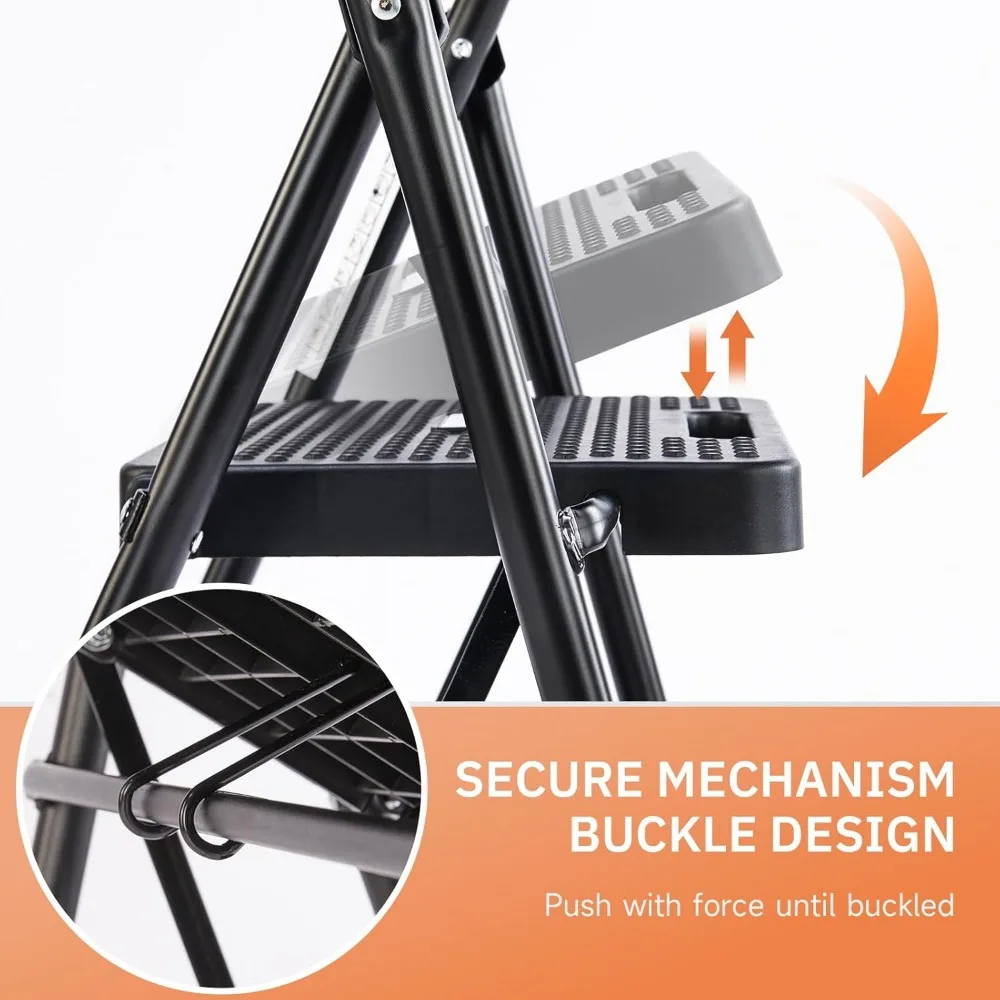 Escada dobrável de 3 degraus com rolamento de carga de alta capacidade, degraus antiderrapantes e design leve para adultos