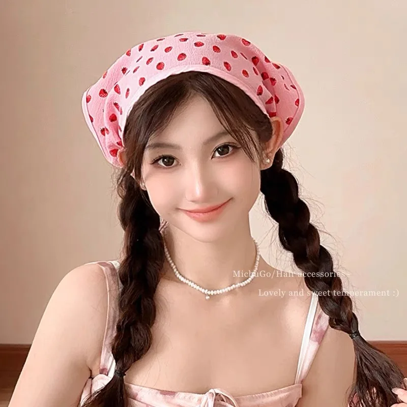 New Pink Strawberry Cute Girl Knitted Headscarf Triangle Scarf Hairbands Headband Hair Band Fashion Hair Accessories