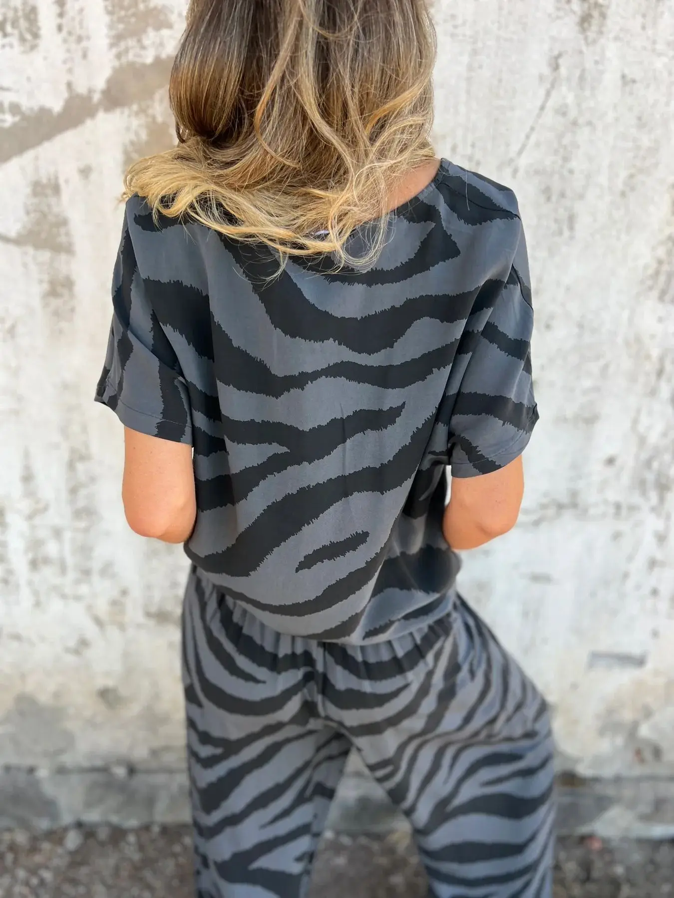 Set casual in due pezzi con stampa zebrata Moda primaverile Nuovo scollo a V a maniche corte Pullover con lacci Top Set di pantaloni a gamba larga in vita elastica
