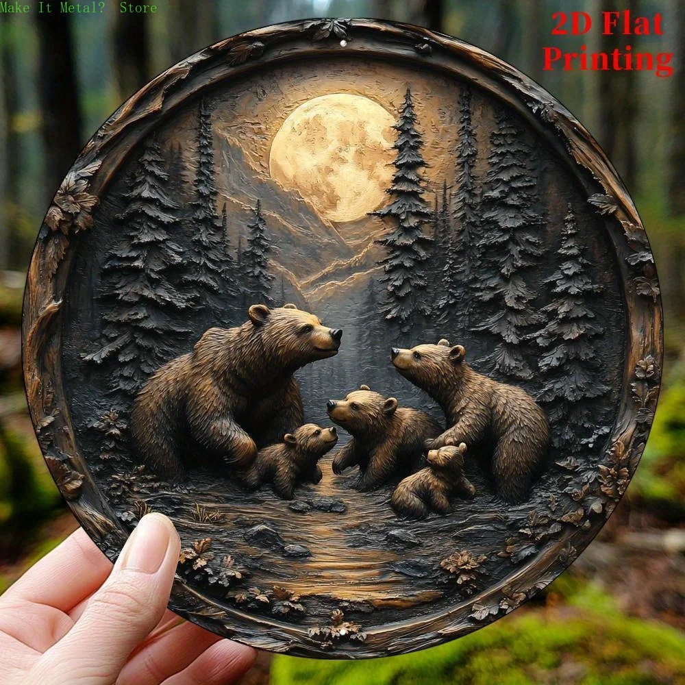 Vintage Bärenfamilie im Wald bei Mondlicht, runde 2D-Flachdruck-Dekorationsplakette, rustikale Wildtier-Wandkunst für Zuhause & Naturliebhaber