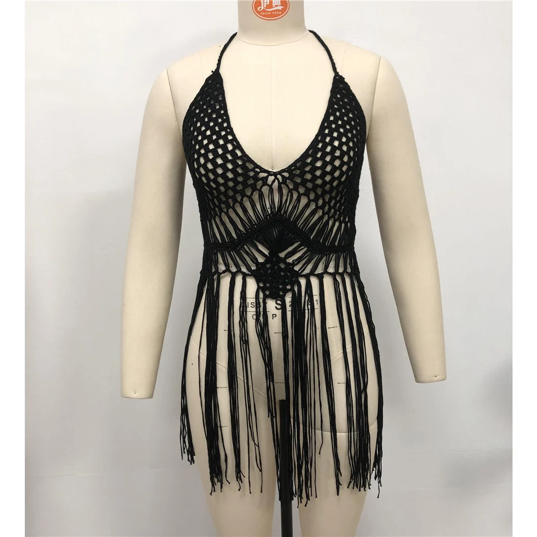 Sexy, langes, mit Fransen versehenes, gehäkeltes, gestricktes Tunika-Oberteil, Strandkleid, Strandmode, Strandbekleidung, Strand-Cover-up, Damen, V5573 – Detail 15