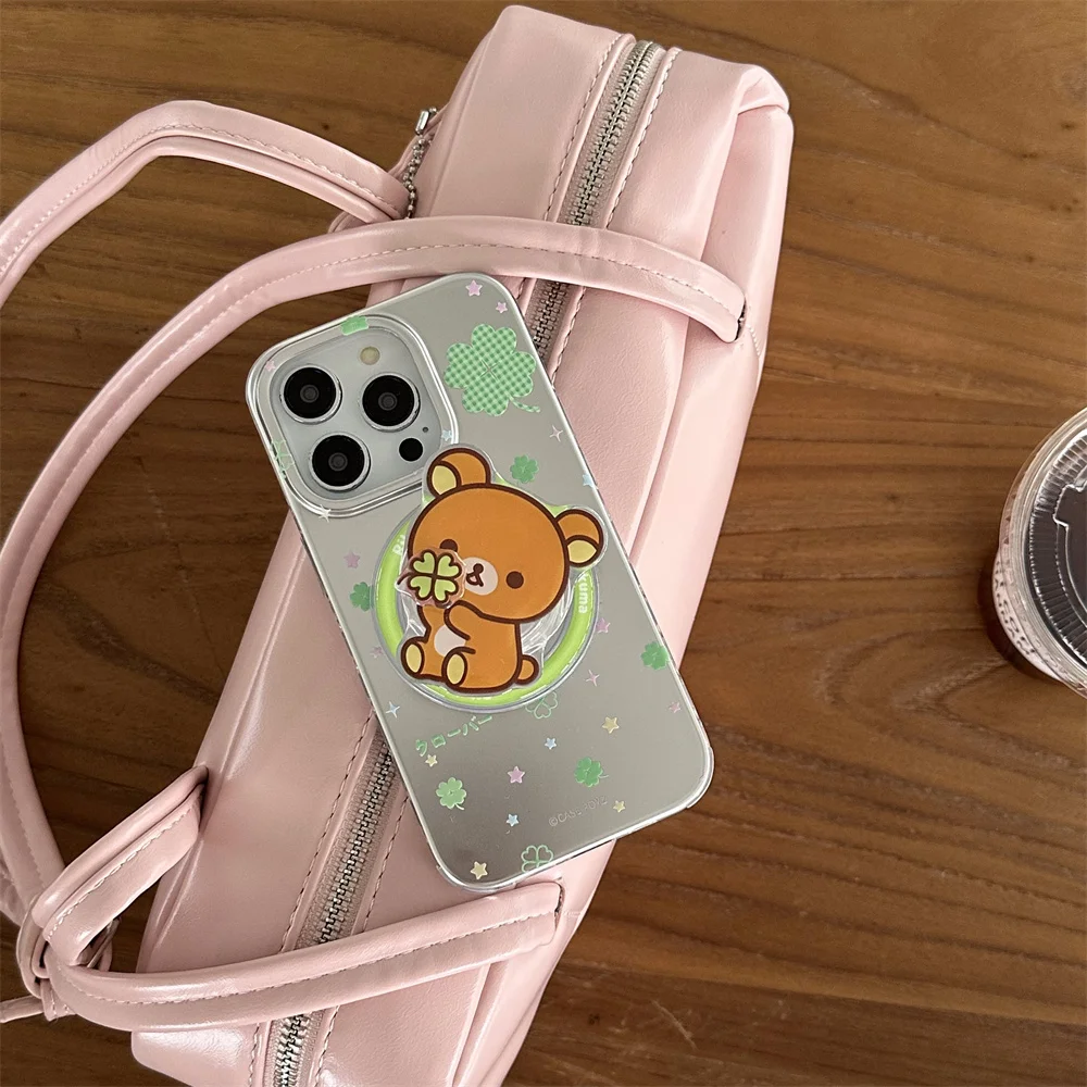

Silver cute cartoon bear magnetic stand phone case for iPhone 15 16 promax 14 13 Pro cover with Magsafe stand Rotate leaf cover