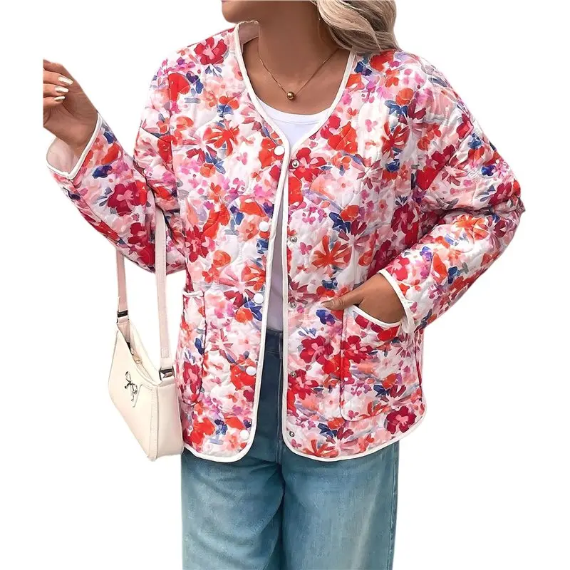

A40Z-Warm Quilted Jackets For Women Long Sleeve Floral Print Button Down Jacket Coats With Pockets