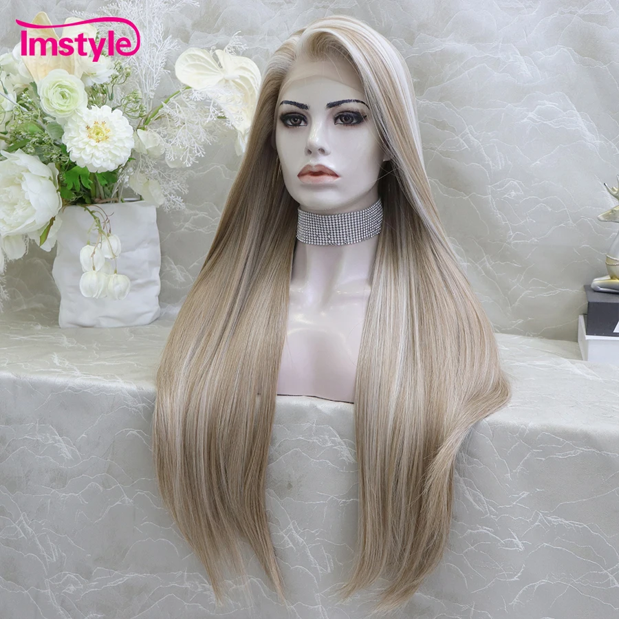 Imstyle-peluca sintética con malla frontal para mujer, cabellera larga lisa con reflejos de platino, resistente al calor, para uso diario