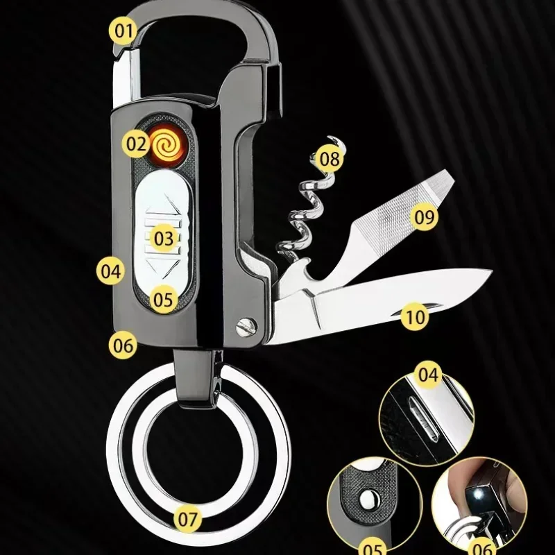 Multifunctional Electronic Lighter Keychain Wine Opener Knife Flashlight Slotted Screwdriver Metal Windproof Lighter Gadget - view 3