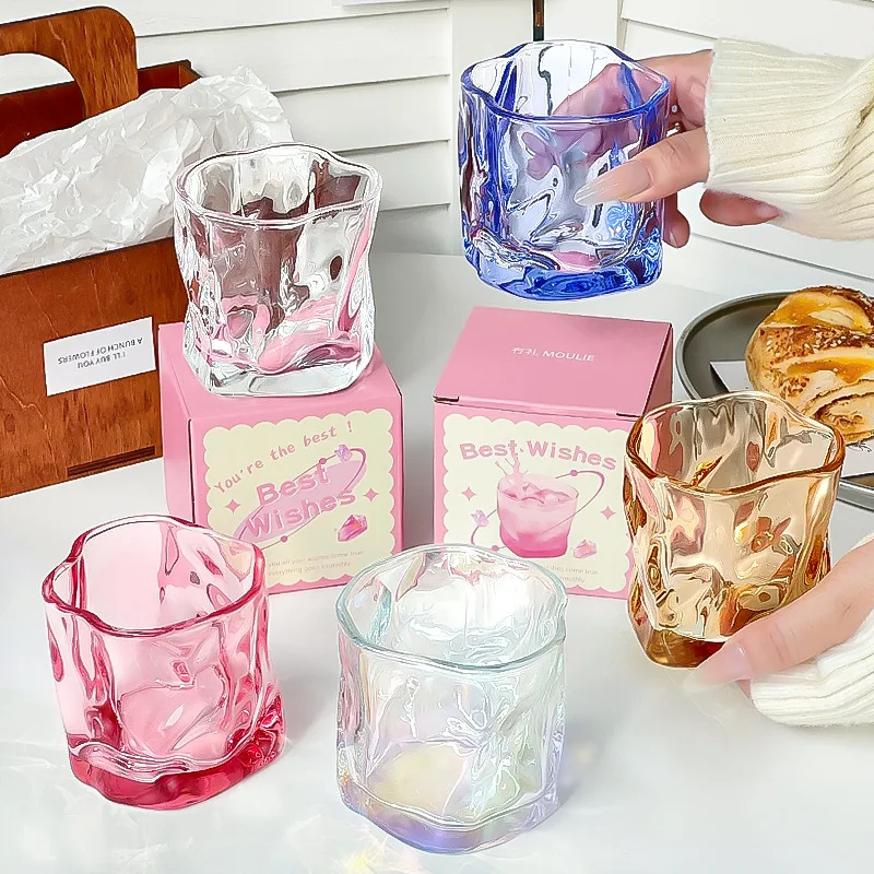 Creative Irregular Wavy Glass Cup,Colorful Transparent Tumbler for Coffee,Cute Kawaii Drinkware with Gift Box, Perfect for Home