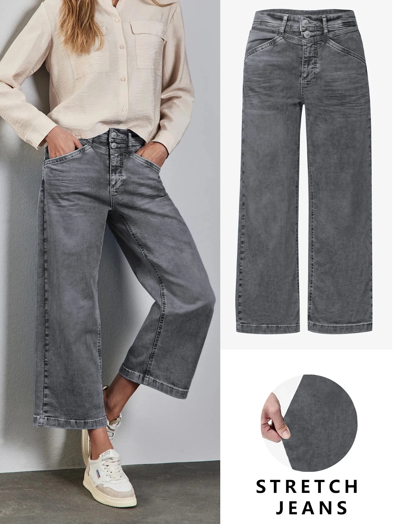 

Женские потертые серые эластичные джинсы с высокой талией и двубортной планкой на пуговицах, подходящие для повседневной носки