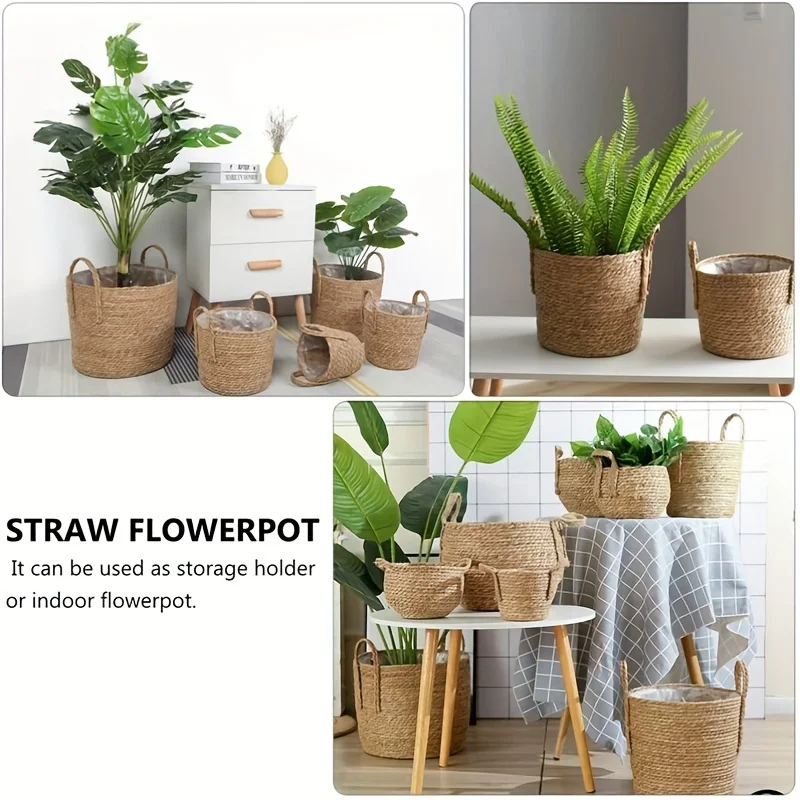 Straw Woven Flower Pot Planter Basket Nordic Handmade Laundry Dirty Clothes Storage Potted Garden Green Plant Flower Holders