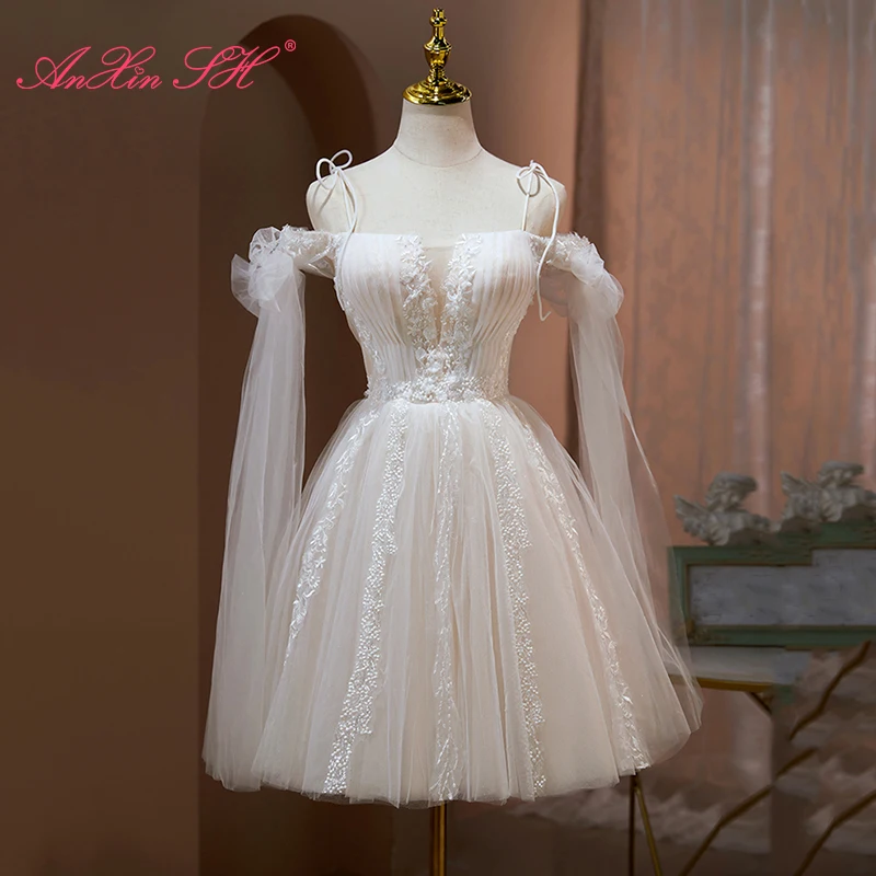 AnXin SH princess white flower lace spaghetti strap beading pearls big bow short customized evening dress little white dress